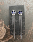 silver lapis lazuli earrings with silver chains dangling