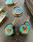 ammonite with embedded turquoise earrings in silver and gold on gold hooks
