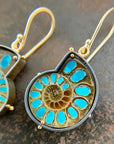 ammonite with embedded turquoise earrings in silver and gold on gold hooks