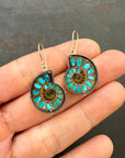 ammonite with embedded turquoise earrings in silver and gold on gold hooks