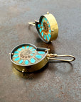ammonite with embedded turquoise earrings in silver and gold on gold hooks