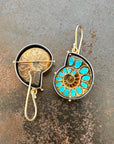 ammonite with embedded turquoise earrings in silver and gold on gold hooks