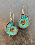 ammonite with embedded turquoise earrings in silver and gold on gold hooks