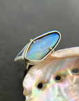 blue wood opal and silver architectural ring