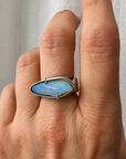 blue wood opal and silver architectural ring