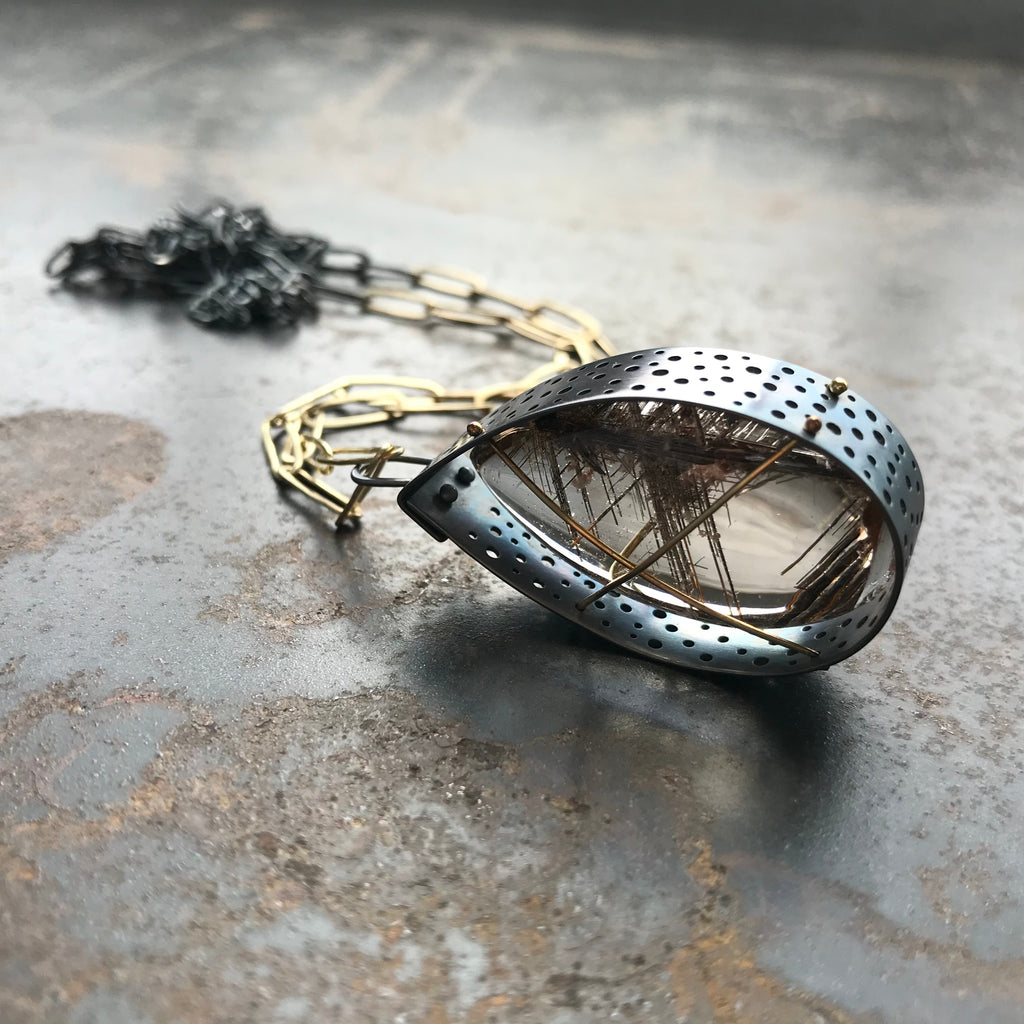Silver Rutile Quartz Teardrop Pendant with Removable Long Chain ...