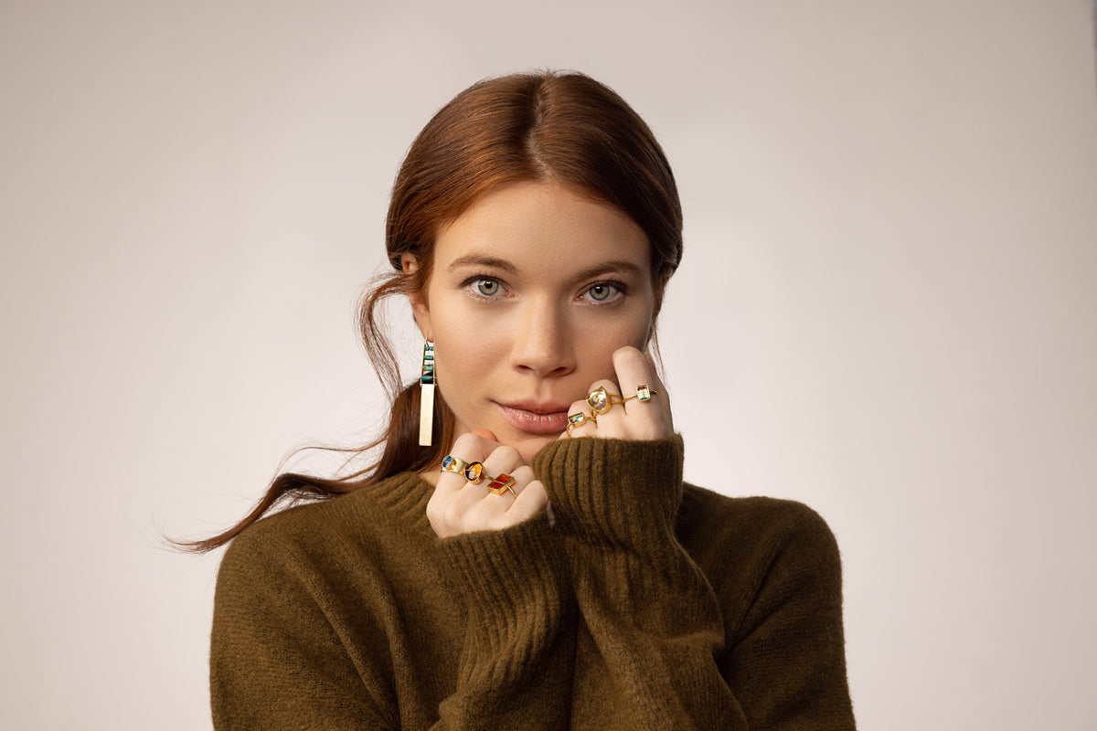 model wearing hilary finck jewelry