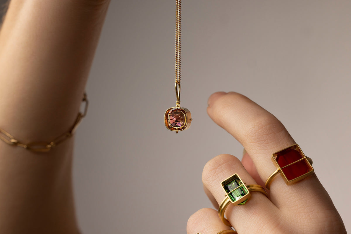 pink tourmaline necklace and green tourmaline ring