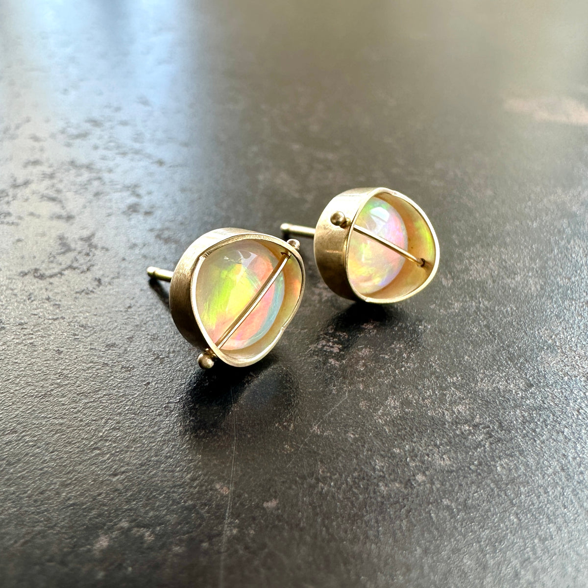 opal stud earrings, 14k gold, ethereal earrings, one of a kind jewelry, hilary finck jewelry, captured collection, fine jewelry, unique jewelry