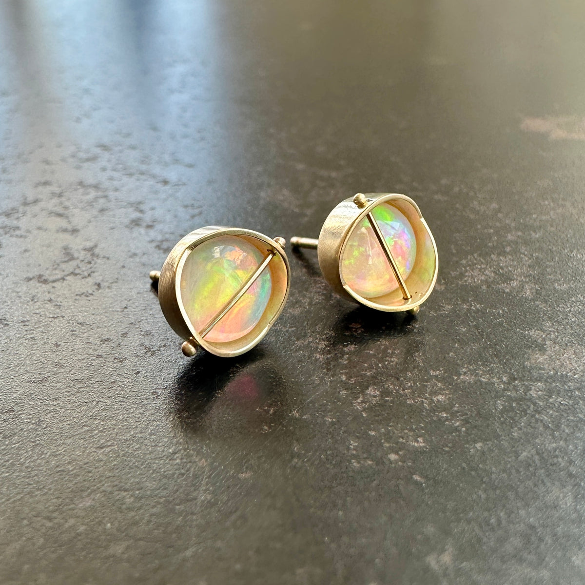 opal stud earrings, 14k gold, ethereal earrings, one of a kind jewelry, hilary finck jewelry, captured collection, fine jewelry, unique jewelry