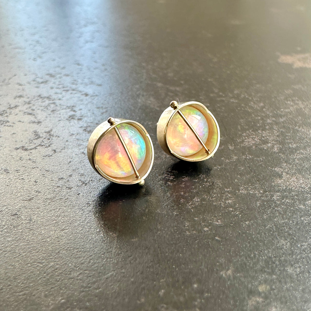 opal stud earrings, 14k gold, ethereal earrings, one of a kind jewelry, hilary finck jewelry, captured collection, fine jewelry, unique jewelry