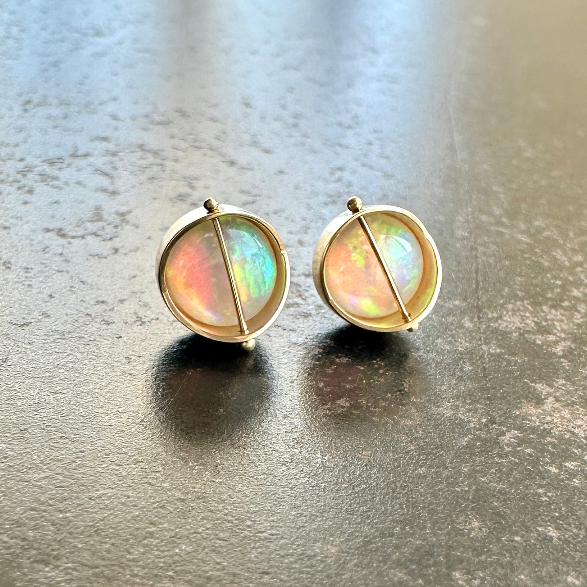 opal stud earrings, 14k gold, ethereal earrings, one of a kind jewelry, hilary finck jewelry, captured collection, fine jewelry, unique jewelry