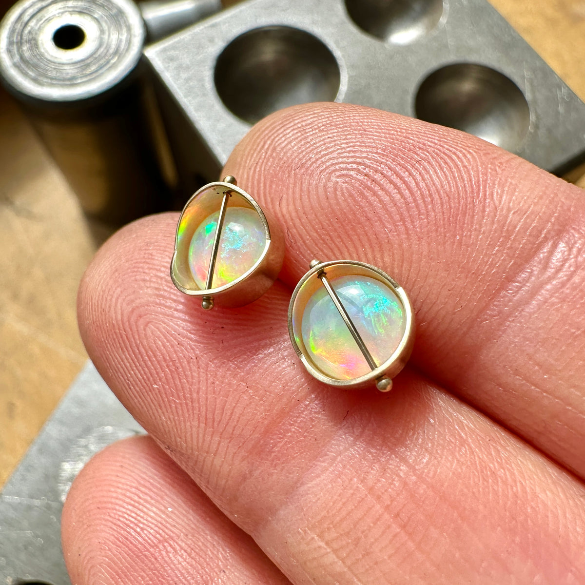 opal stud earrings, 14k gold, ethereal earrings, one of a kind jewelry, hilary finck jewelry, captured collection, fine jewelry, unique jewelry