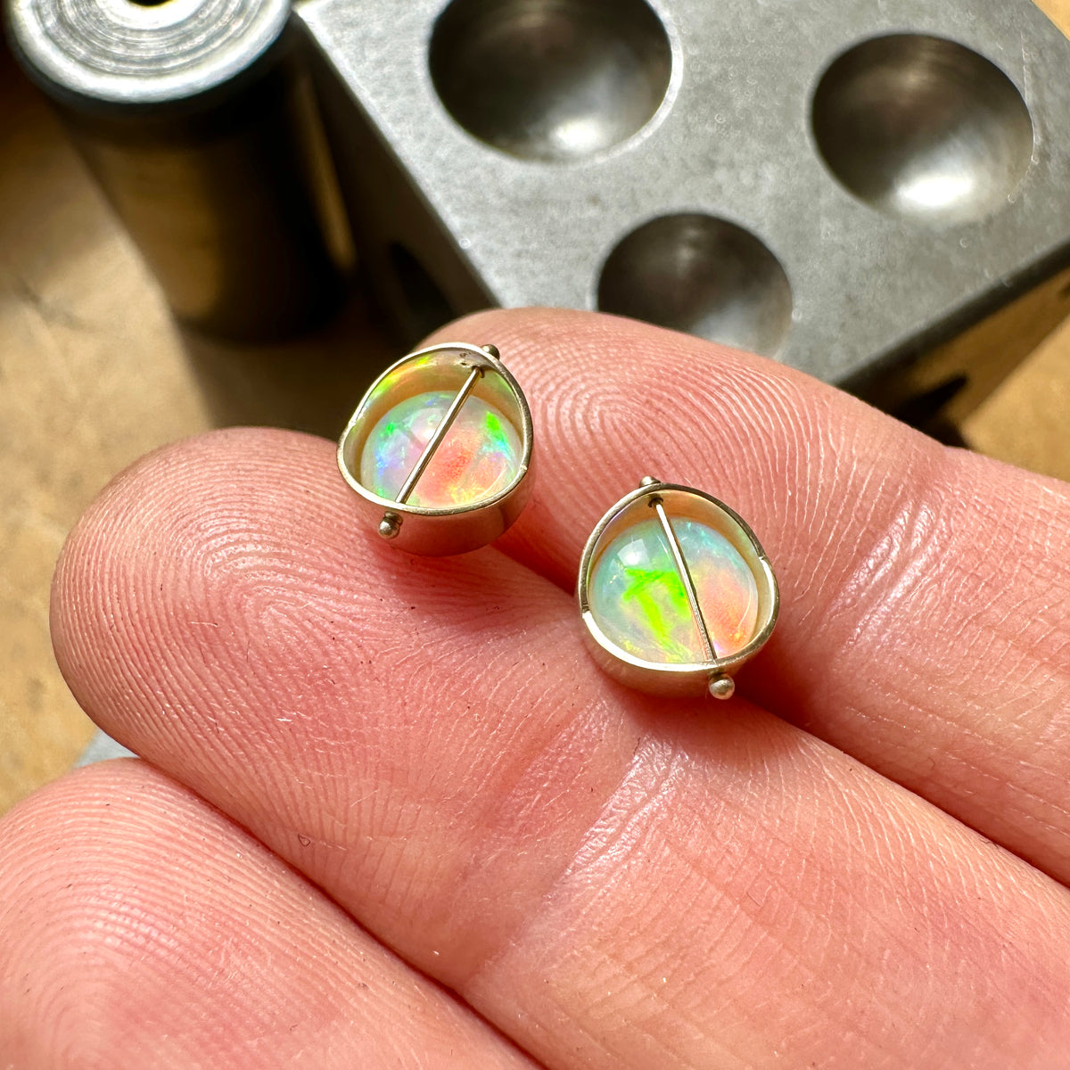 opal stud earrings, 14k gold, ethereal earrings, one of a kind jewelry, hilary finck jewelry, captured collection, fine jewelry, unique jewelry