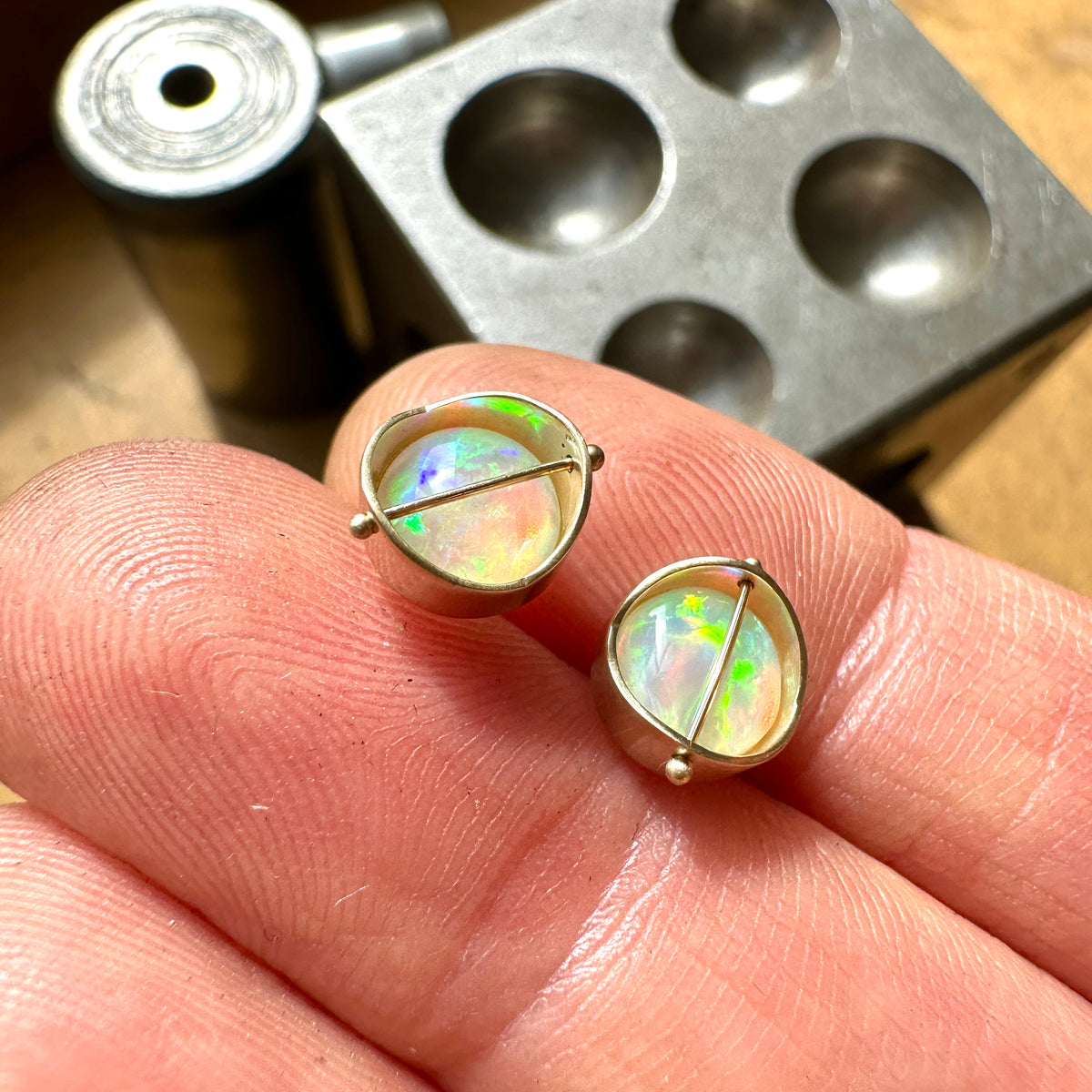 opal stud earrings, 14k gold, ethereal earrings, one of a kind jewelry, hilary finck jewelry, captured collection, fine jewelry, unique jewelry