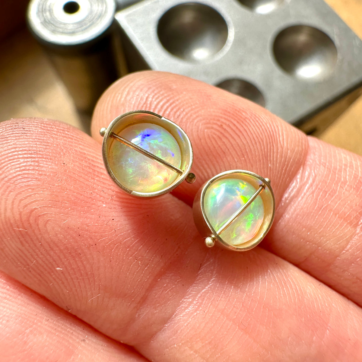 opal stud earrings, 14k gold, ethereal earrings, one of a kind jewelry, hilary finck jewelry, captured collection, fine jewelry, unique jewelry