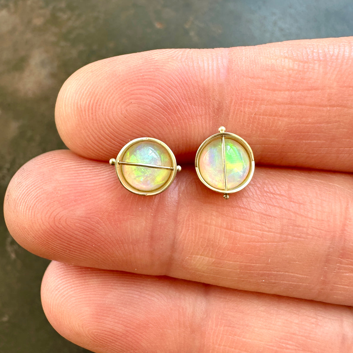 opal stud earrings, 14k gold, ethereal earrings, one of a kind jewelry, hilary finck jewelry, captured collection, fine jewelry, unique jewelry