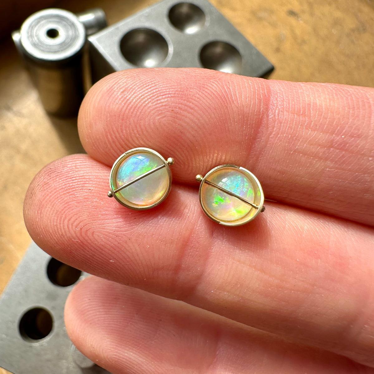 opal stud earrings, 14k gold, ethereal earrings, one of a kind jewelry, hilary finck jewelry, captured collection, fine jewelry, unique jewelry