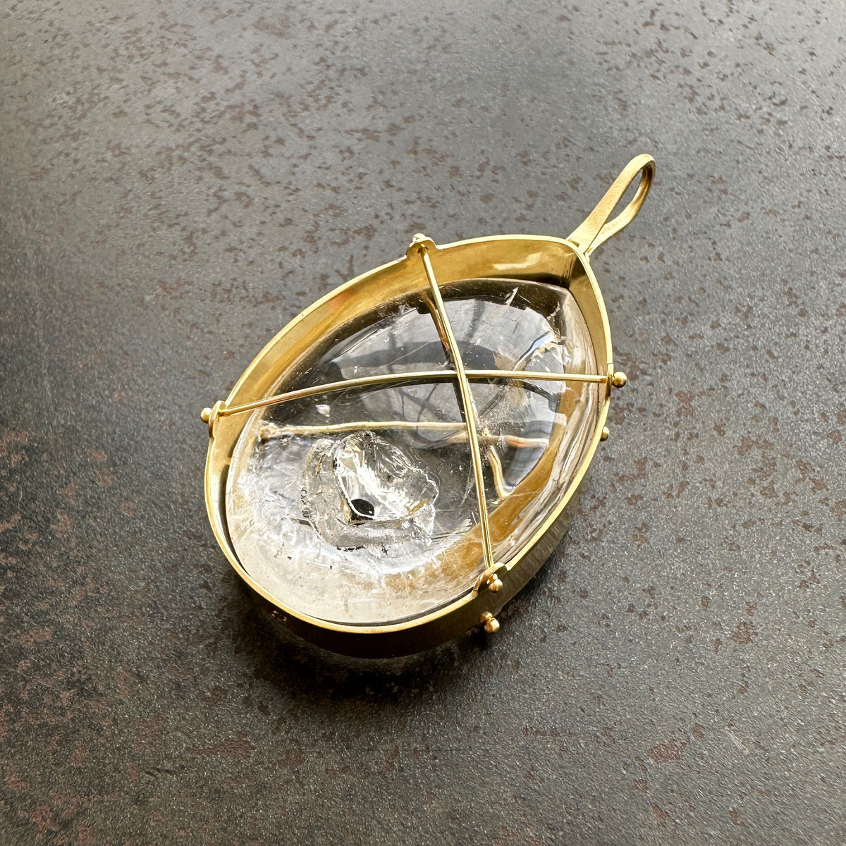 enhydro quartz, 18k gold pendant, one of a kind jewelry, fine jewelry, hilary finck jewelry, captured collection, handmade jewelry, unique jewelry.