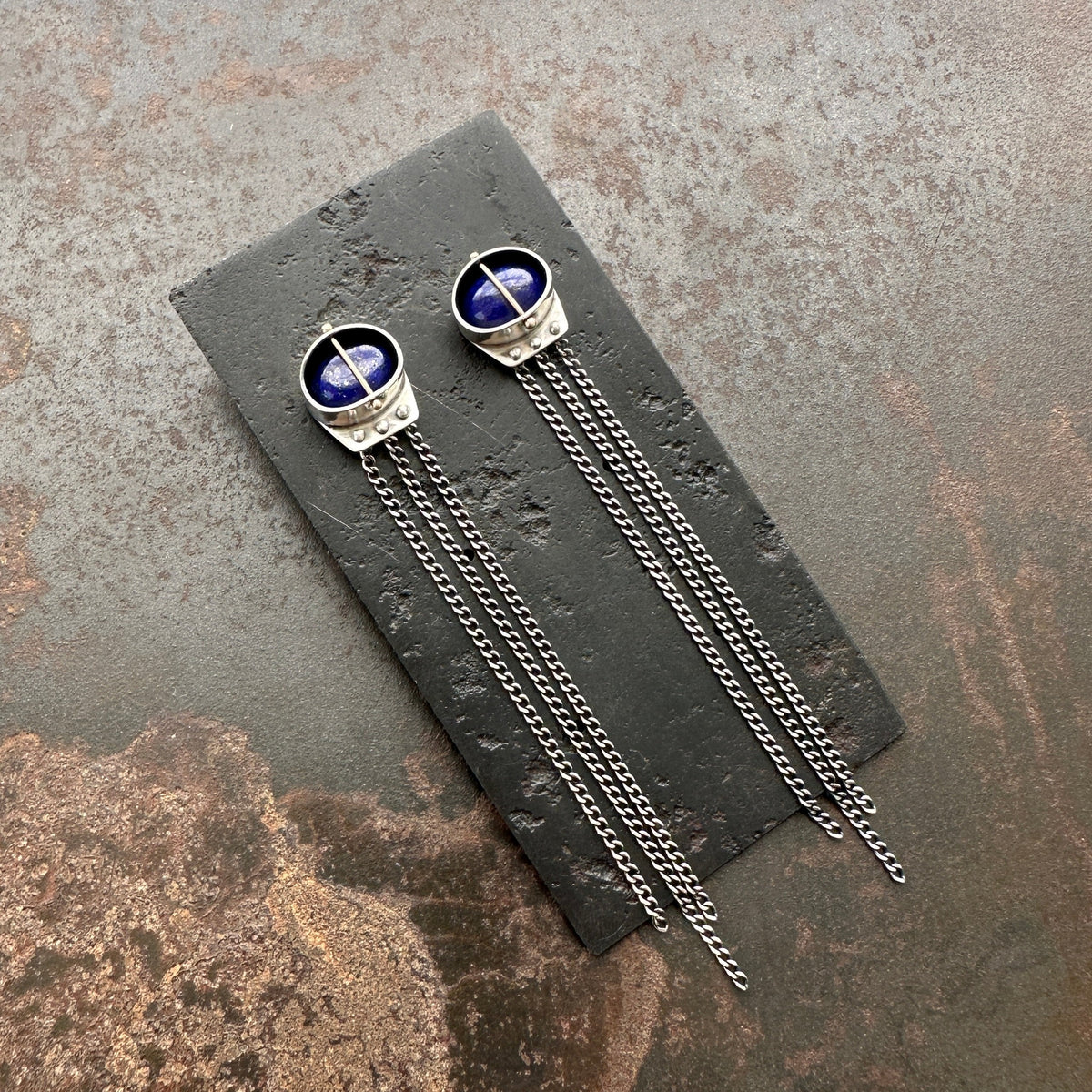 silver lapis lazuli earrings with silver chains dangling