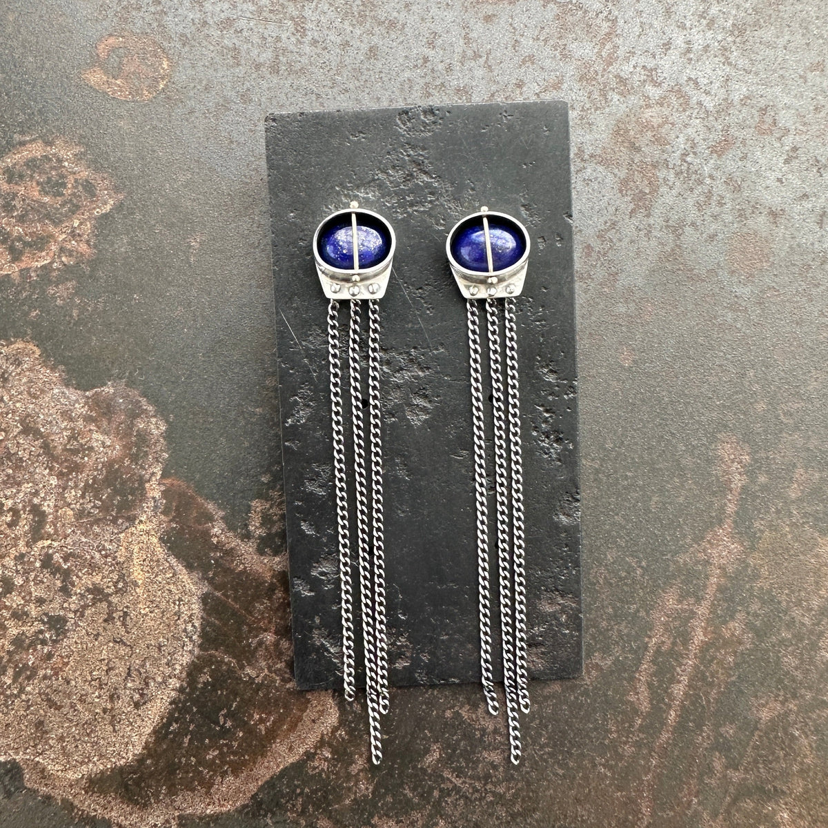silver lapis lazuli earrings with silver chains dangling