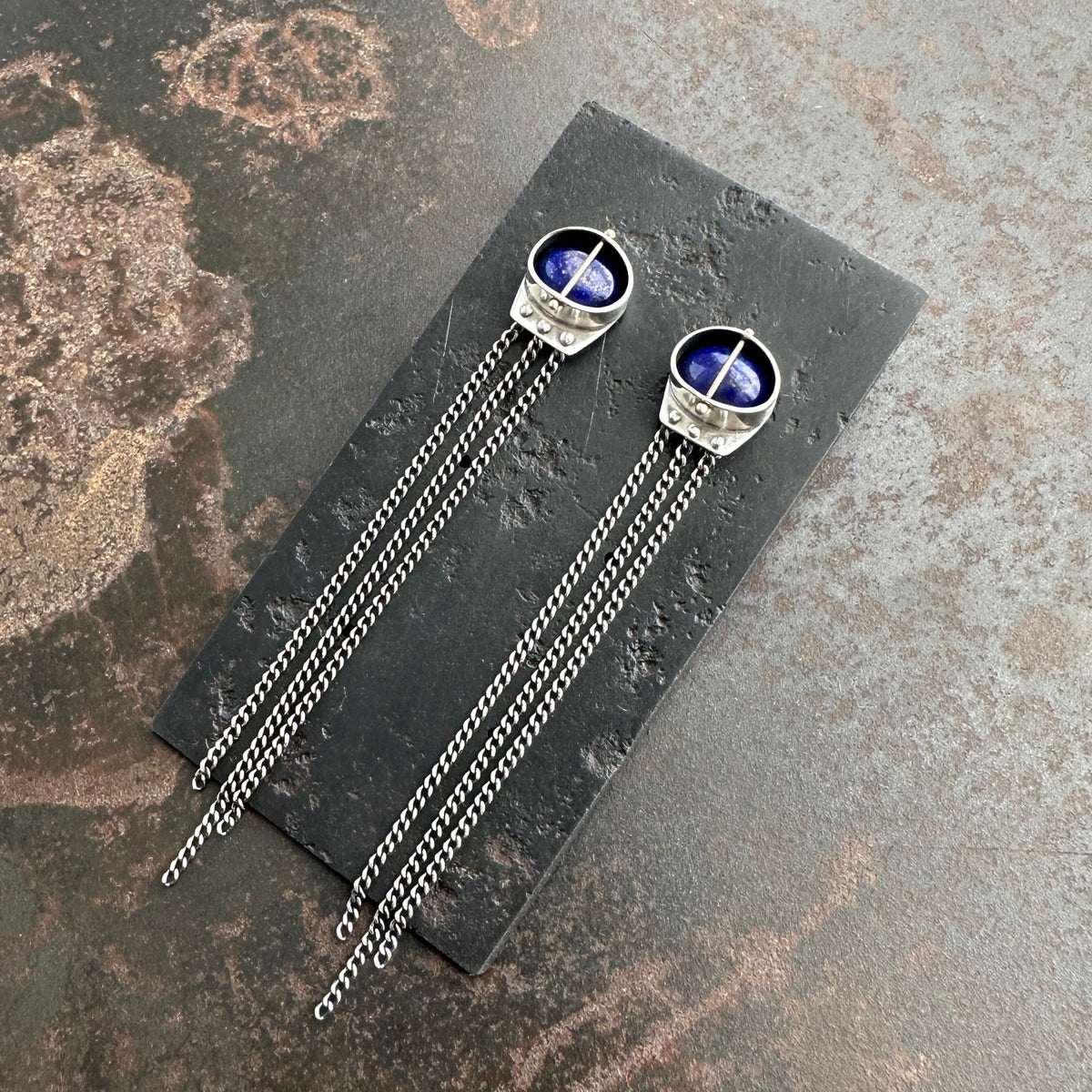 silver lapis lazuli earrings with silver chains dangling