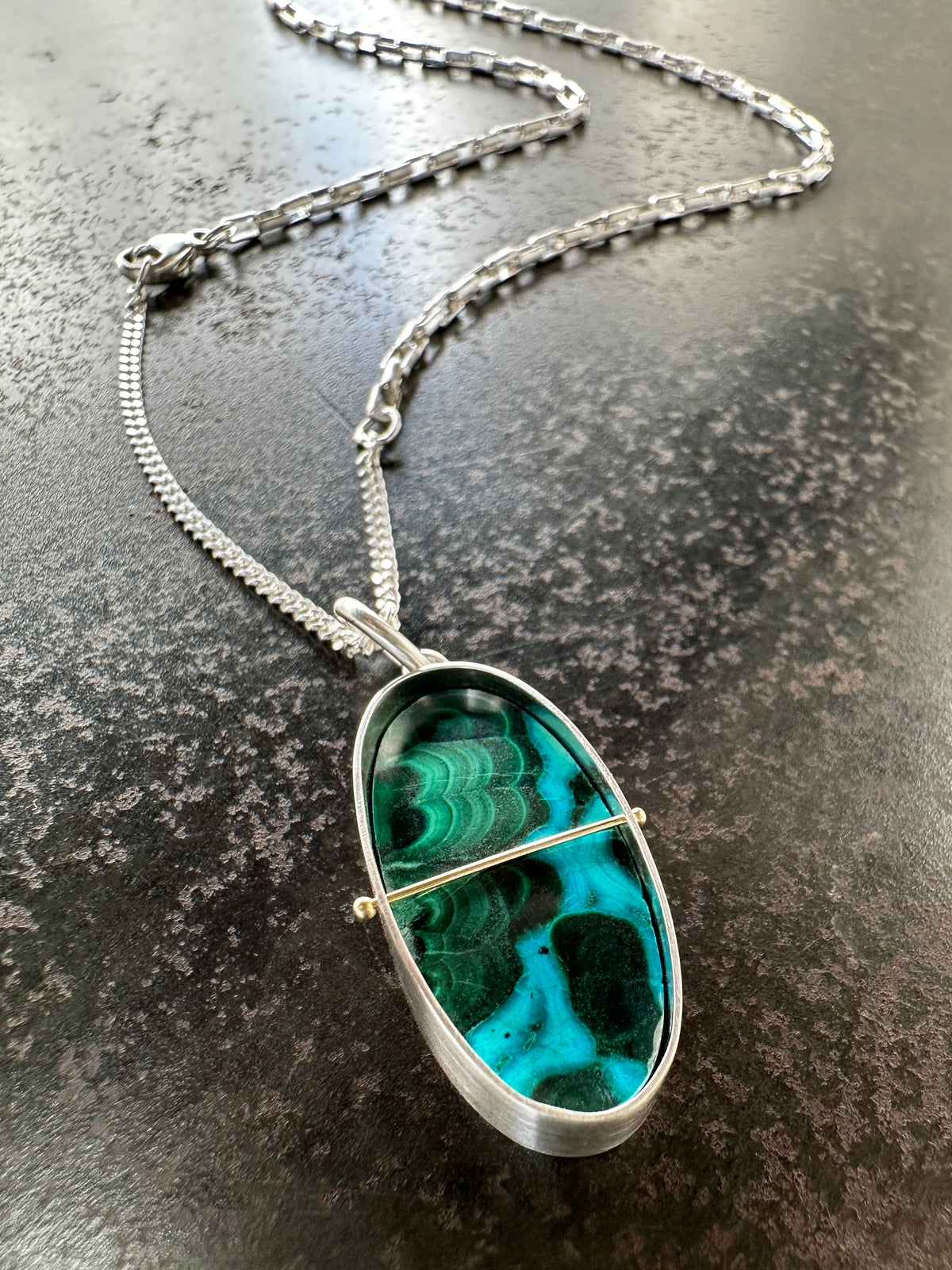 One of a Kind Chrysocolla Pendant Necklace in Sterling Silver &amp; 14k Gold