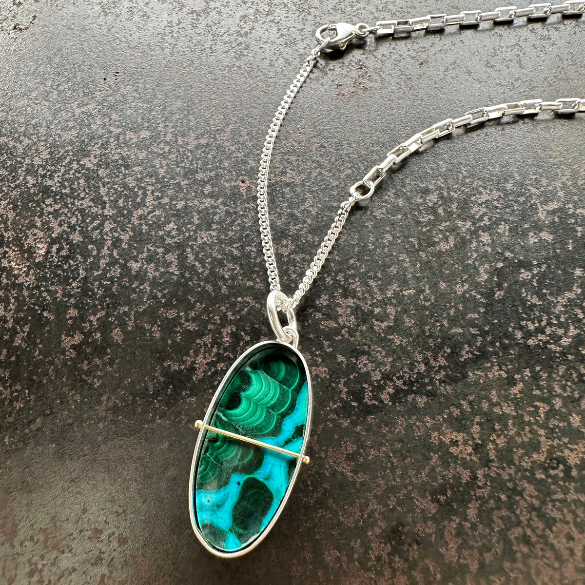 One of a Kind Chrysocolla Pendant Necklace in Sterling Silver &amp; 14k Gold