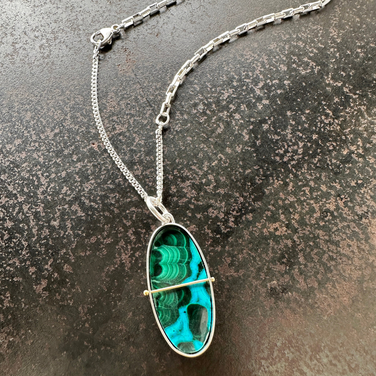 One of a Kind Chrysocolla Pendant Necklace in Sterling Silver &amp; 14k Gold