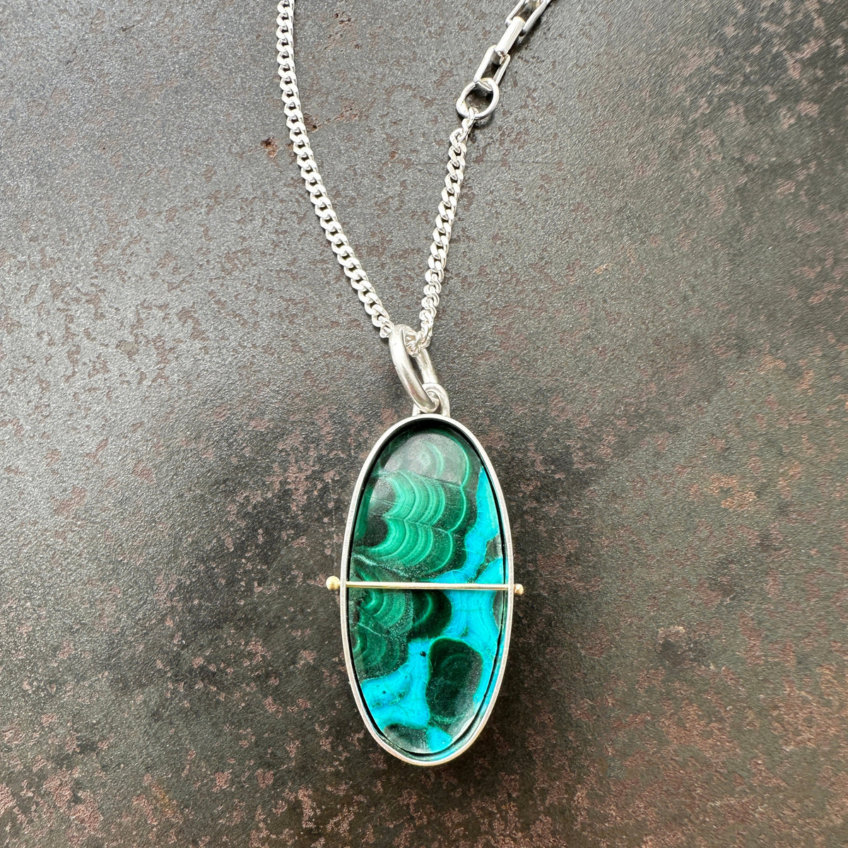 One of a Kind Chrysocolla Pendant Necklace in Sterling Silver &amp; 14k Gold