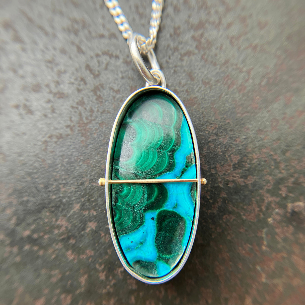 One of a Kind Chrysocolla Pendant Necklace in Sterling Silver &amp; 14k Gold