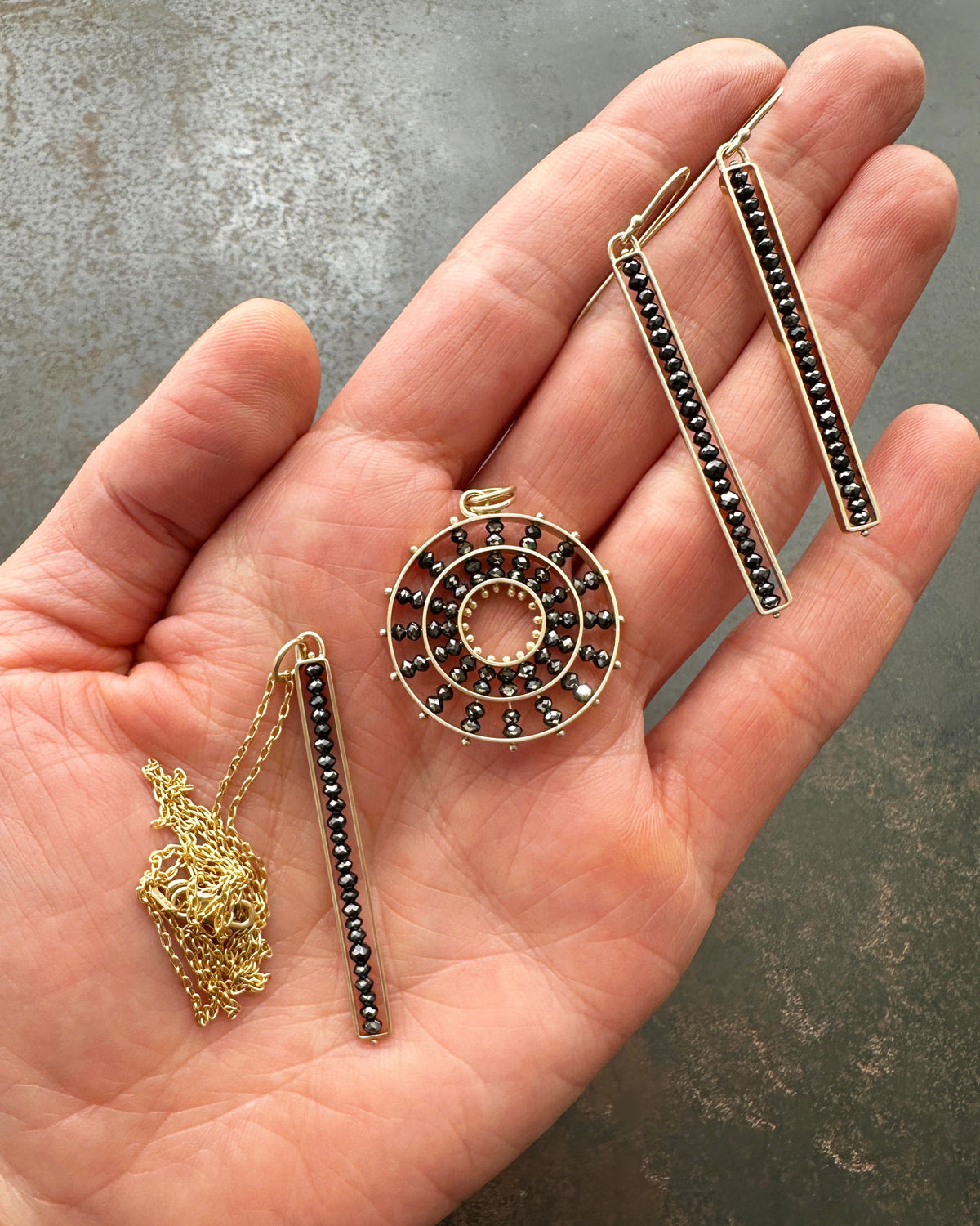 Black Diamond Beaded Stick Earrings
