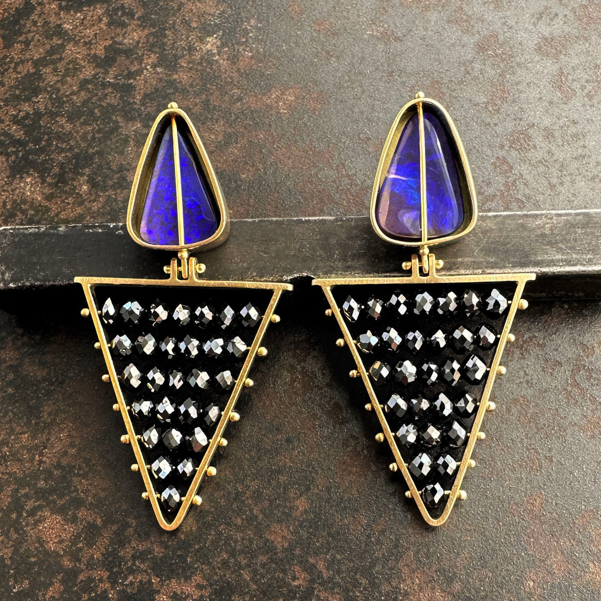blue boulder opals, black diamond beads, 18k gold, earrings, one of a kind earrings, hilary finck jewelry, statement earrings, fine jewelry, handmade jewelry.