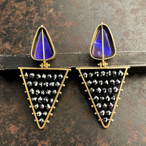 Boulder opal and black diamond triangle earrings