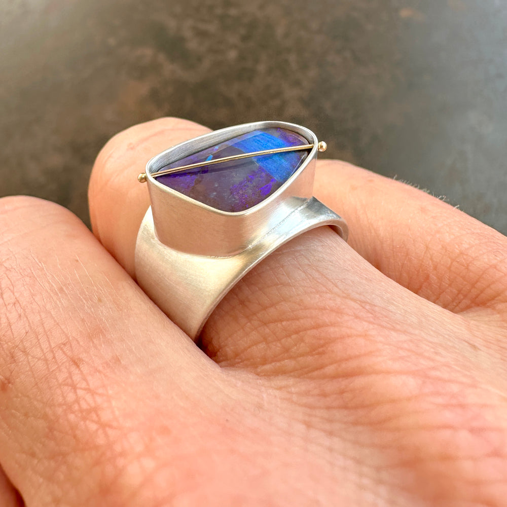 blue boulder opal ring, sterling silver, one of a kind, hilary finck jewelry, statement ring