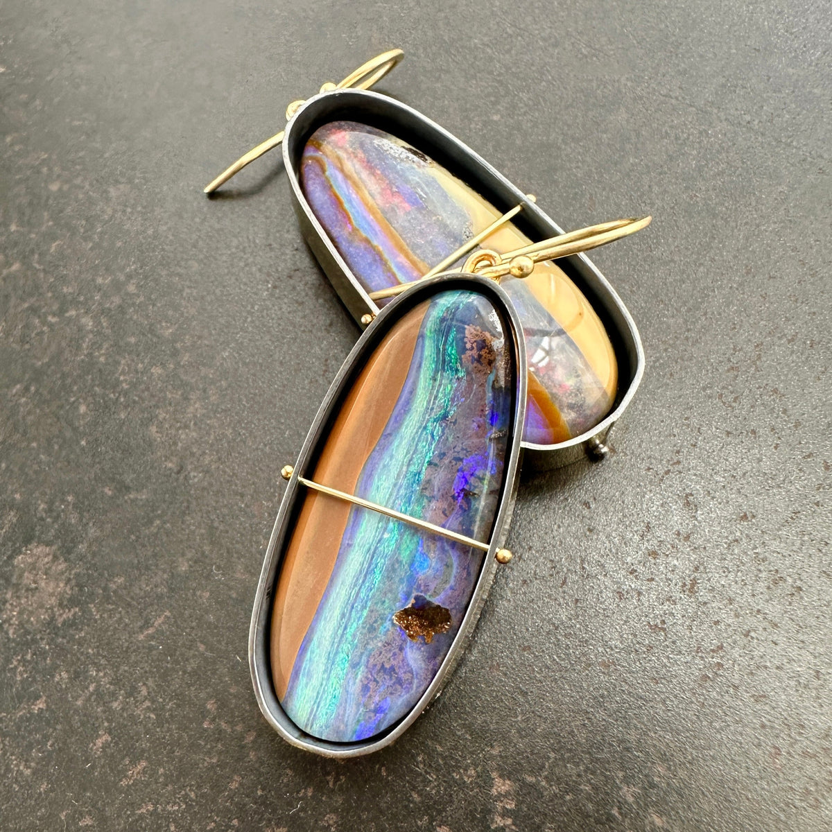 boulder opal, opal, earrings, opal earrings, 18k biimetal, 18k gold