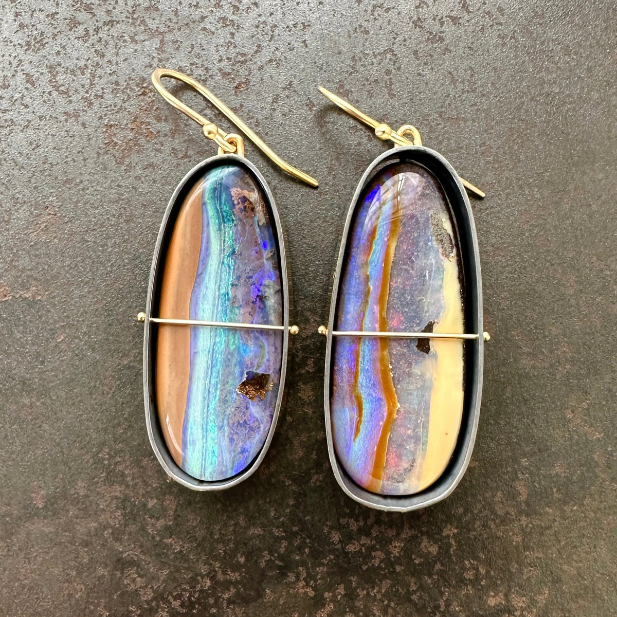 boulder opal, opal, earrings, opal earrings, 18k biimetal, 18k gold