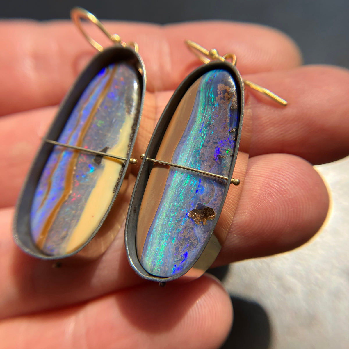boulder opal, opal, earrings, opal earrings, 18k biimetal, 18k gold