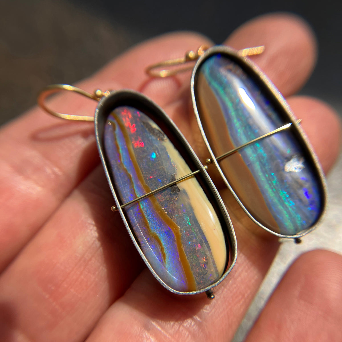 boulder opal, opal, earrings, opal earrings, 18k biimetal, 18k gold