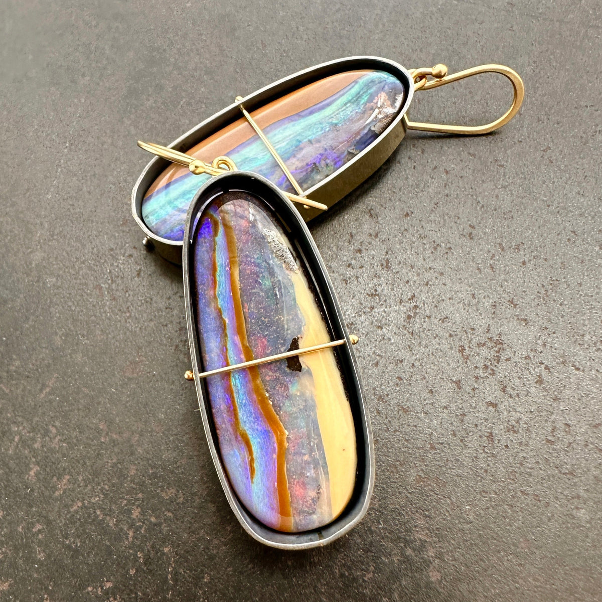 boulder opal, opal, earrings, opal earrings, 18k biimetal, 18k gold