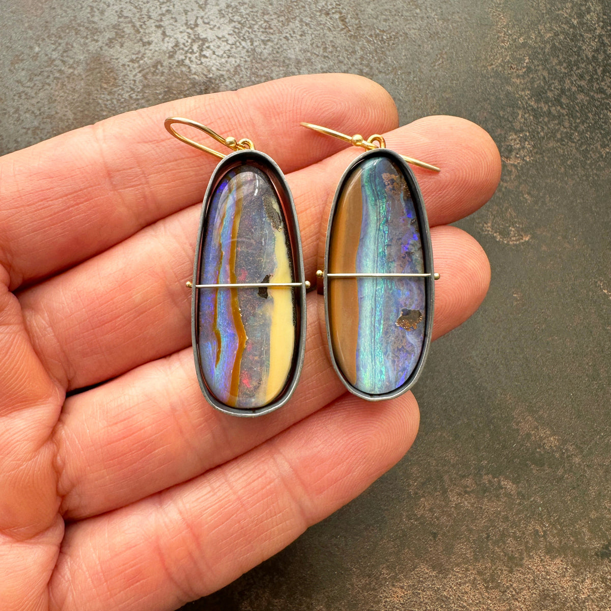 boulder opal, opal, earrings, opal earrings, 18k biimetal, 18k gold