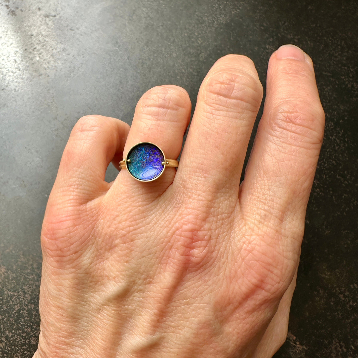 boulder opal, spin ring, 18k gold, opal ring, gold ring