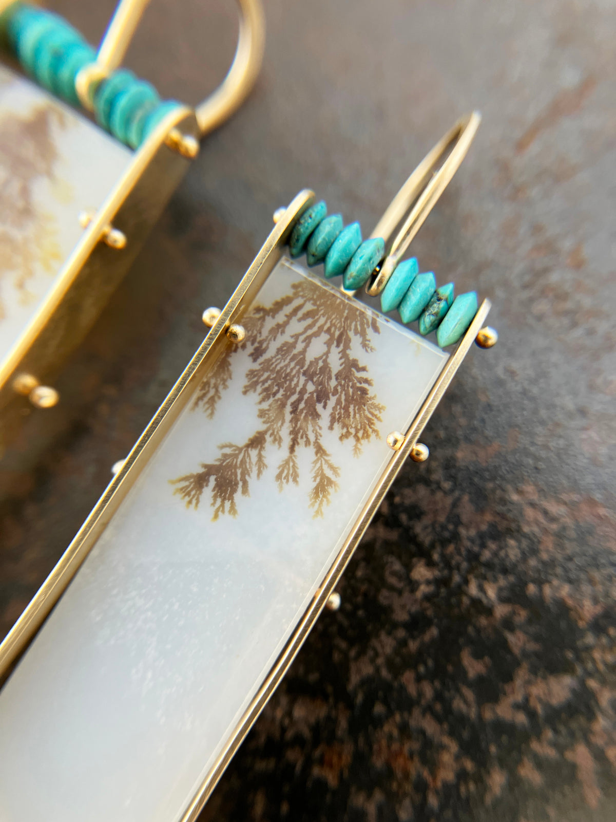 dendritic agate and persian turquoise drop earrings in 14k gold