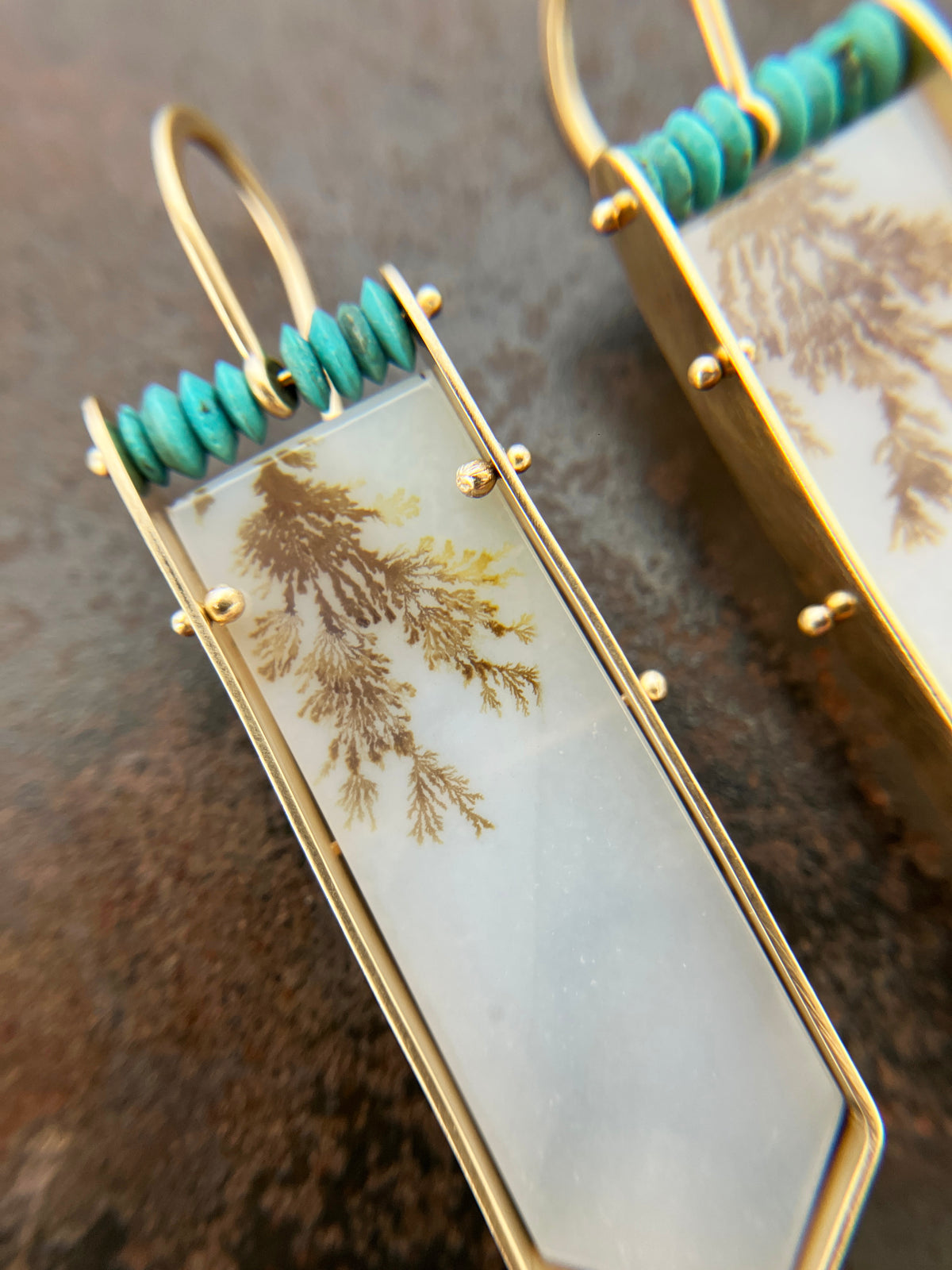 dendritic agate and persian turquoise drop earrings in 14k gold
