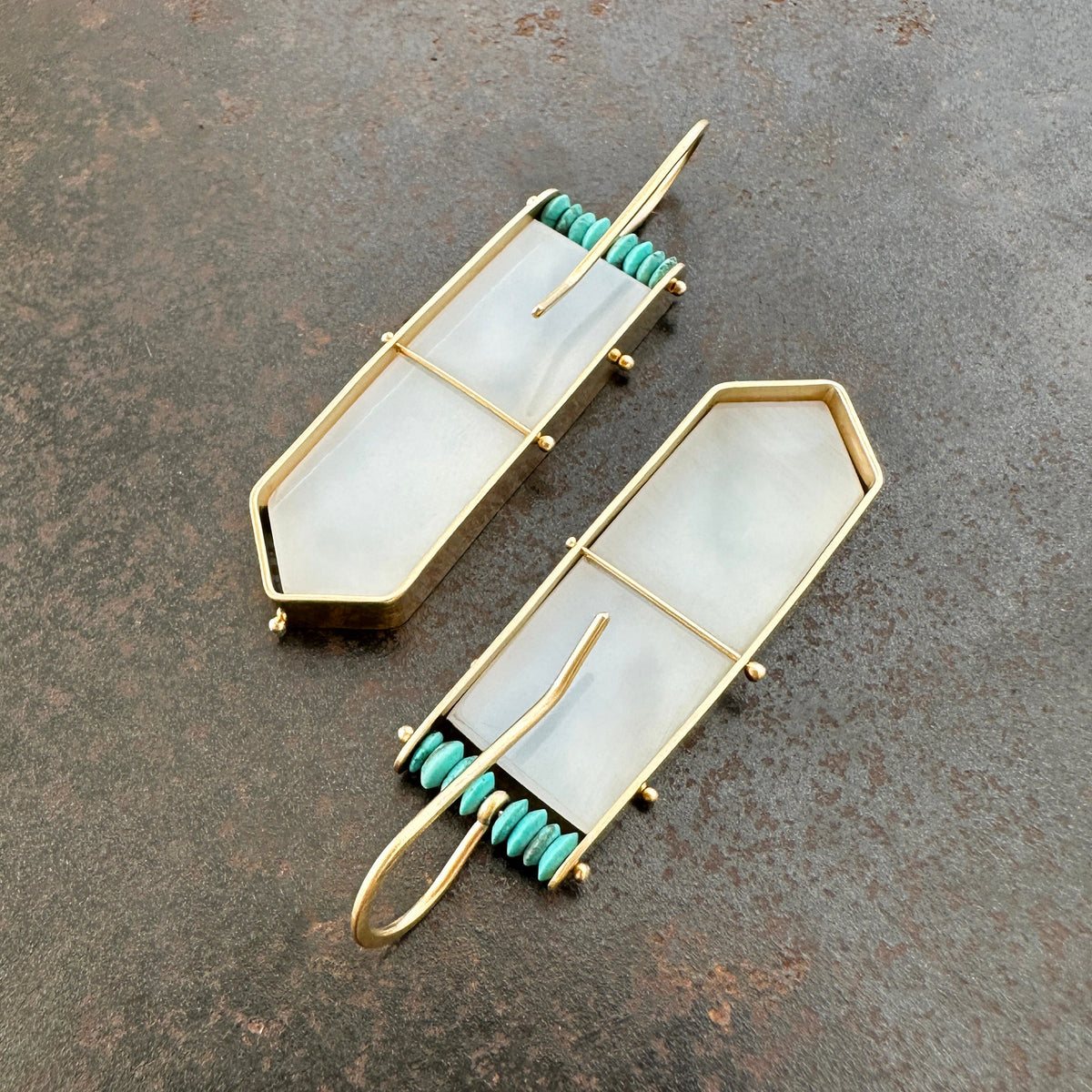 dendritic agate and persian turquoise drop earrings in 14k gold