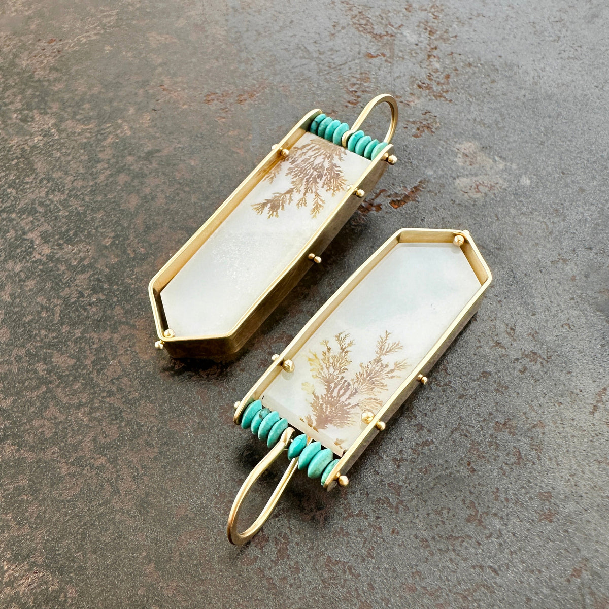 dendritic agate and persian turquoise drop earrings in 14k gold