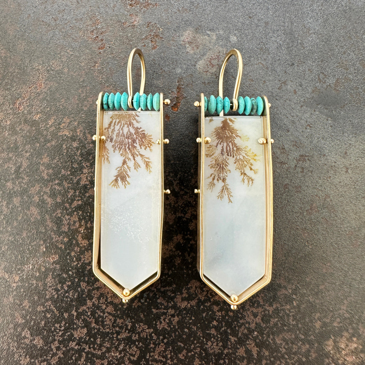 dendritic agate and persian turquoise drop earrings in 14k gold