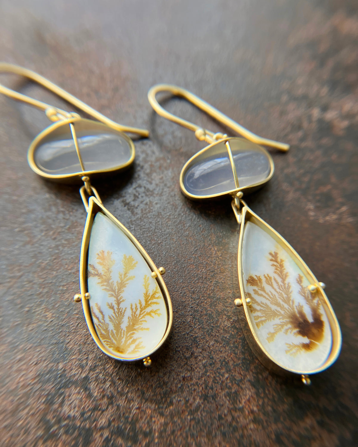 dendritic agate, chalcedony, earrings, drop earrings, 18k gold earrings, one of a kind, fine jewelry