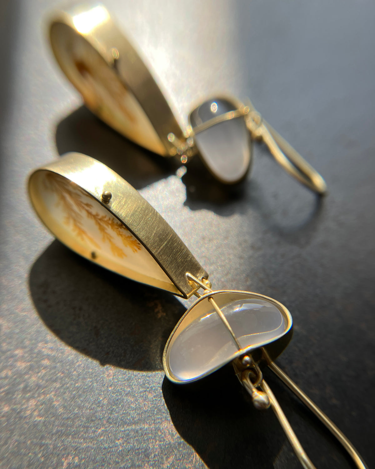 dendritic agate, chalcedony, earrings, drop earrings, 18k gold earrings, one of a kind, fine jewelry
