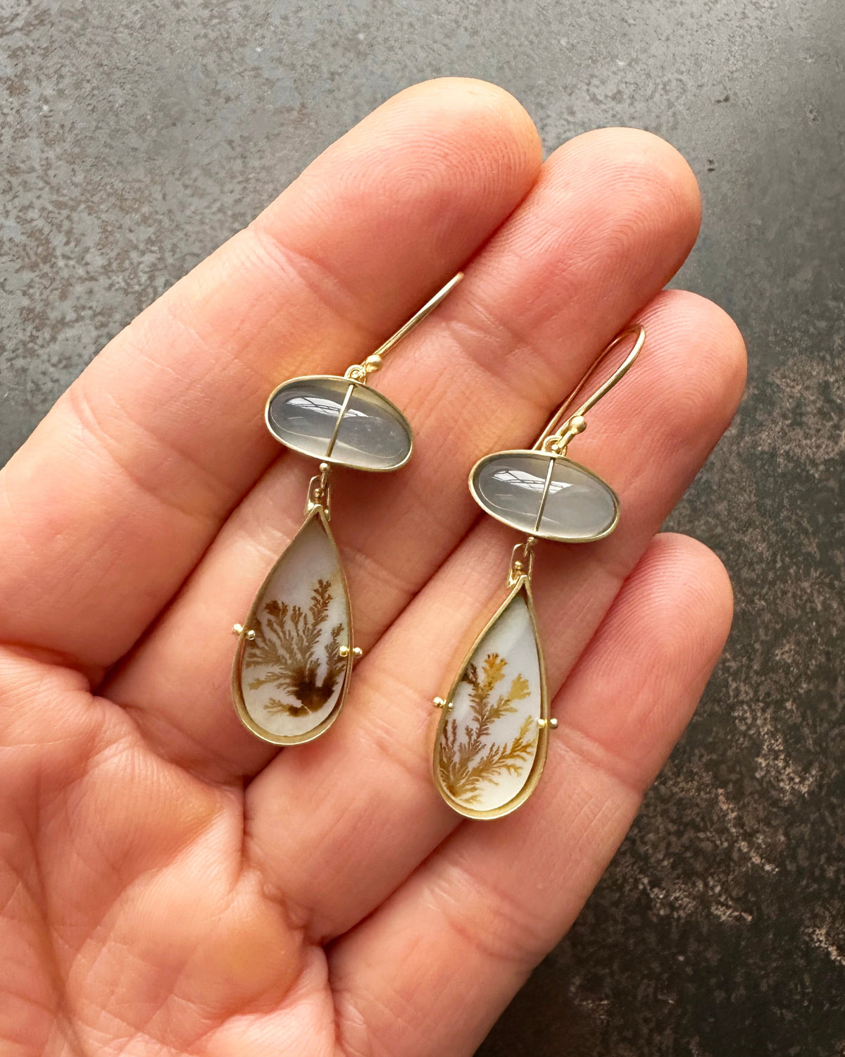 dendritic agate, chalcedony, earrings, drop earrings, 18k gold earrings, one of a kind, fine jewelry